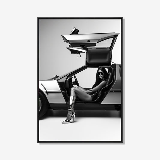 Delorean Time Machine - Zwart wit schilderij- plexiglas schilderij - kunst