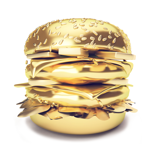 schilderij op plexiglas met een gouden hamburger
