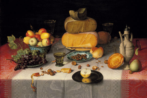Schilderij op plexiglas met een stilleven en een tafel vol met etenswaren