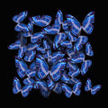 Een prachtig plexiglas schilderij met blauwe vlinders op een zwarte achtergrond 